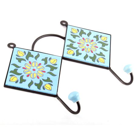 Turquoise And Forest Green Floral Tiles Hooks